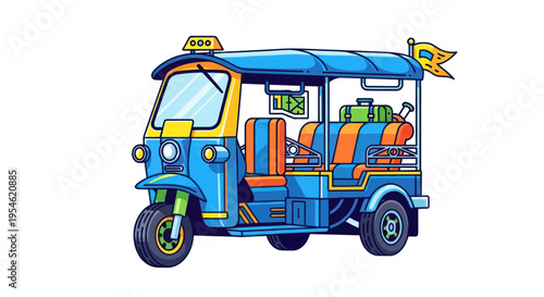 Colorful Tuk Tuk Taxi with Luggage, Cartoon Style, Isolated on White