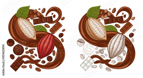 Delicious Chocolate Assortment: Cocoa Pods, Beans, Bars, and Swirls