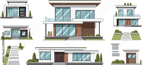 Modern luxury villa houses set with contemporary architectural home designs large glass windows and minimalist landscaping flat vector illustration