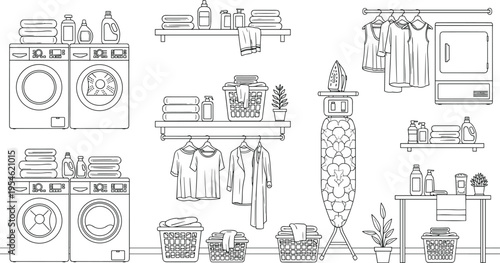 Laundry room interior line art vector set featuring washing machine dryer ironing board clothes baskets and shelves for home organization