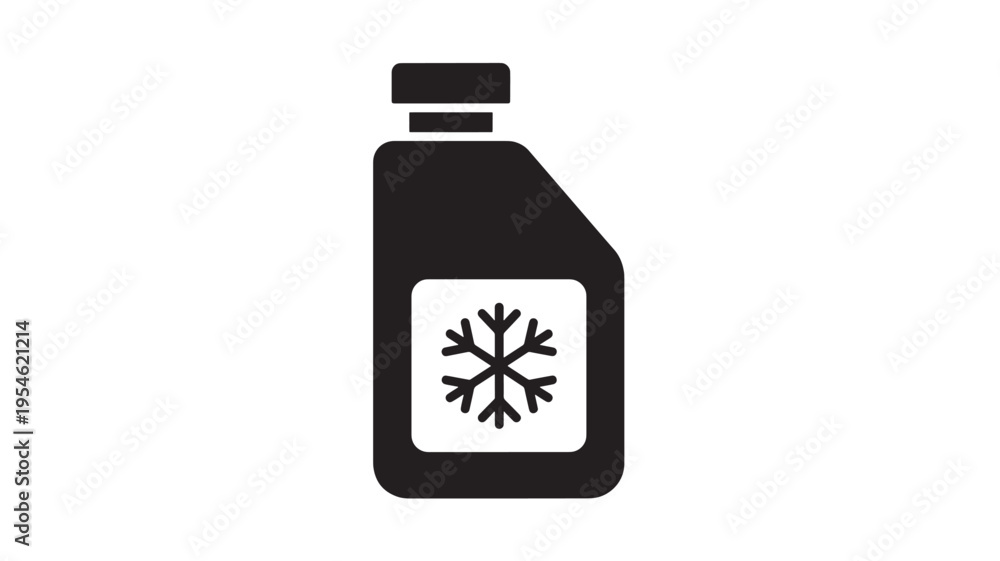 Fototapeta premium Bottle with a snowflake icon, symbolizing cold or antifreeze liquid, shown in a simple black and white illustration.