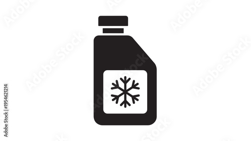 Bottle with a snowflake icon, symbolizing cold or antifreeze liquid, shown in a simple black and white illustration.