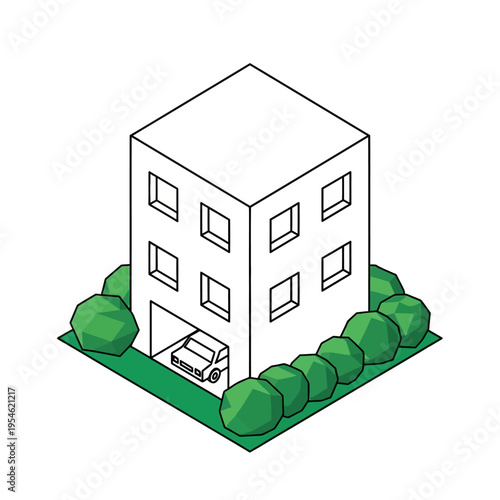 Isometric illustration of a modern white building with a garage and a car, surrounded by green bushes and grass.
