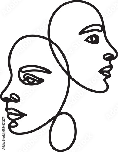 Minimalist abstract line art illustration of two faces in profile, conveying connection and duality in black and white