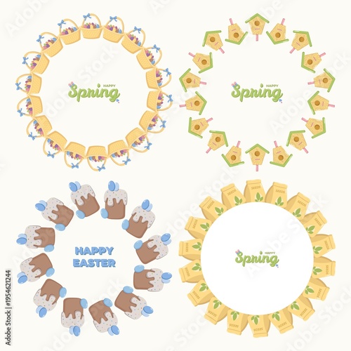 Billede på lærred Four circular wreath designs Easter baskets with eggs and bows, birdhouses with