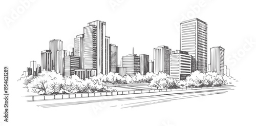 Hand drawn of a city skyline with trees and a road buildings architecture urban