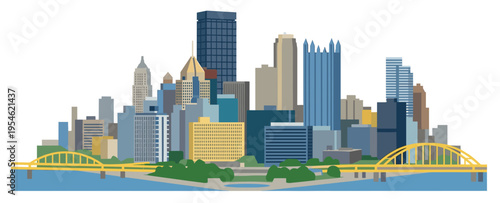 Colorful flat vector illustration of the Pittsburgh skyline from Point State Park featuring green space, the blue Allegheny River, the iconic yellow bridges, and major colorful skyscrapers including U