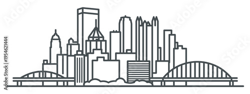 Minimalist line art vector illustration of the Pittsburgh skyline featuring major skyscrapers like U.S. Steel Tower and PPG Place, and bridges over the Allegheny River. Clean, modern cityscape outline