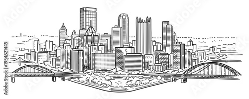 Detailed Black and White Line Art Illustration of Pittsburgh Skyline with Point State Park and Bridges - Technical Vector Sketch.
