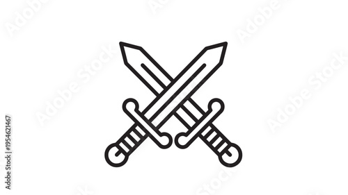 Swords crossed icon with medieval design, symbolizing combat, battle, or conflict with a bold outline against a white background.