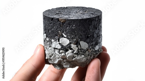 A cylindrical asphalt road core sample held for inspection.