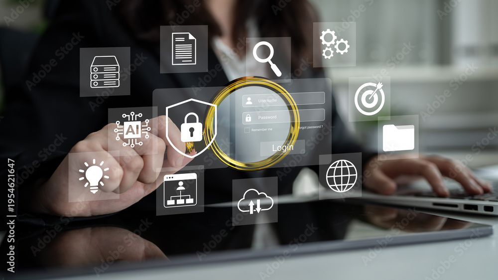 Fototapeta premium A professional woman operates a digital interface focused on secure login processes, showcasing modern technology and business efficiency in an office setting. Gantry