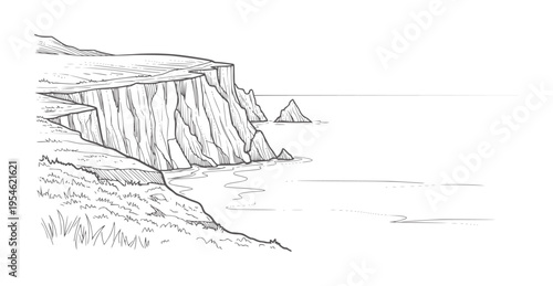 Of a rugged cliff face overlooking the ocean with sea stacks rock