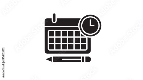 Calendar icon with clock and pencil, symbolizing time management, scheduling, and planning for important events and tasks.