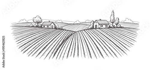 Rural landscape with cultivated fields and farmhouses in a vintage style