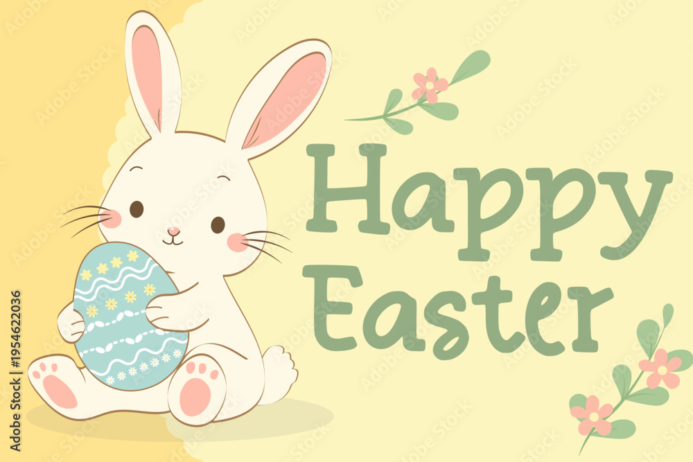 Fototapeta premium Cute Easter Bunny Greeting Card with Floral Elements, Pastel Spring Holiday Illustration