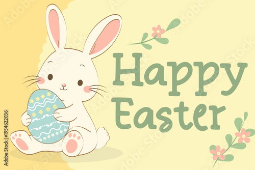 Cute Easter Bunny Greeting Card with Floral Elements, Pastel Spring Holiday Illustration