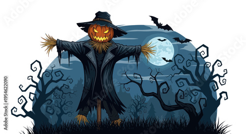 Spooky Halloween Scarecrow with Jack-o'-lantern Head, Bats, and Full Moon