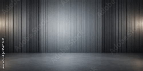 Empty dark room with vintage wood floor and grunge concrete wall textures illuminated by a dramatic spotlight design for an interior architecture backdrop