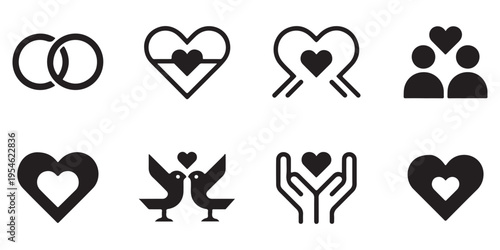 Collection of Wedding and Love Icons Featuring Hearts, Rings, and Couple Symbols