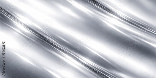 A smooth brushed silver metal texture features shiny stainless steel lines and a grey satin finish, creating an abstract metallic wallpaper design with a light aluminum plate pattern
