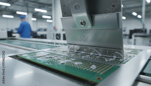 Obraz na płótnie SMT solder paste printing process on printed circuit board with metal squeegee