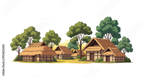 Traditional Village Scene with Thatched Roof Huts and Lush Green Trees