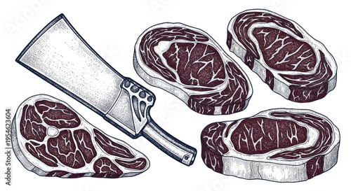 Raw Beef Steaks and Butcher Cleaver Drawing
