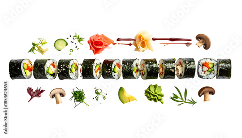 A sushi spread with components rolls, garnish, ginger, avocado, mushrooms, & chopsticks
