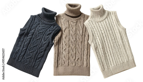 Three cable-knit, sleeveless turtlenecks in differing neutral tones are arranged