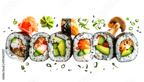 Assorted sushi rolls with garnish, presented against a stark black background