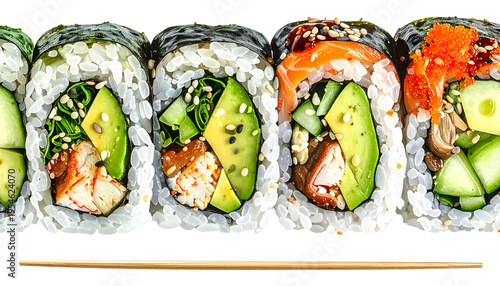 Close-up of colorful sushi rolls, filled with various ingredients, alongside wooden chopsticks