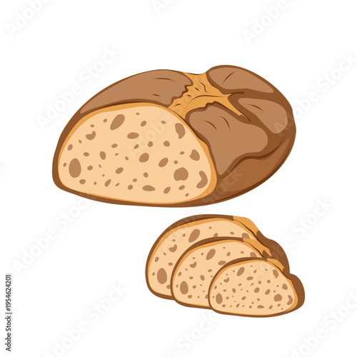 Round loaf of bread with sliced pieces isolated on white background. Fresh bakery product for food design, packaging, menu, grocery and culinary themes.