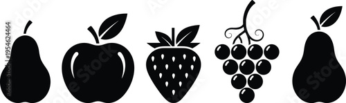 Black fruit silhouettes set featuring apple, pear, strawberry, and grapes icons for healthy eating, food logos, and organic grocery designs.