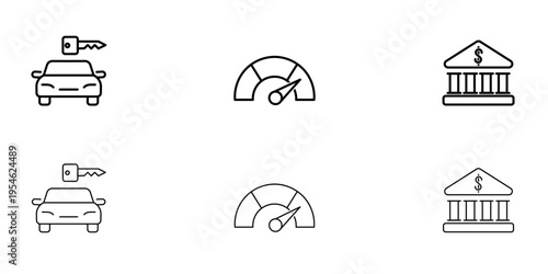 Car Service and Banking Stroke Icon Set. Vehicle, Speed Meter, Finance Building Outline Icons.