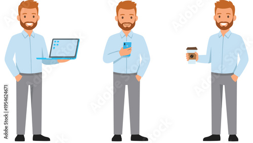Illustration of a Professional Man with Laptop, Smartphone, and Coffee Cup for Work, Productivity, and Office Concepts