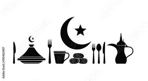 Ramadan themed icons including crescent moon and traditional dining silhouette
