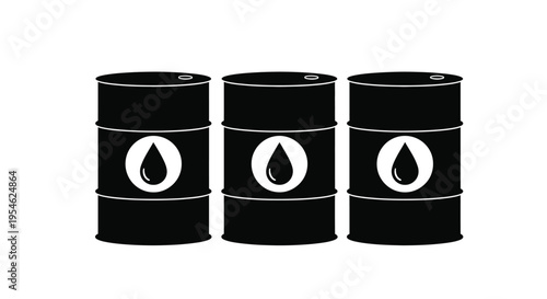 Three black oil drums with droplet markings a striking silhouette