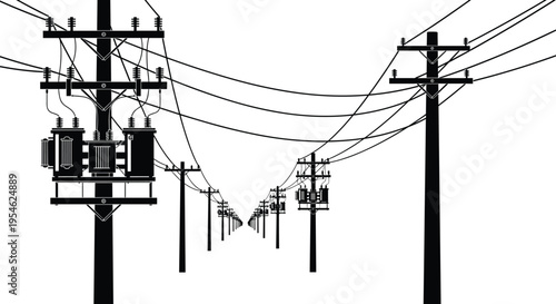 Electrical utility poles with transformers and power lines extending into distance, infrastructure of electricity distribution network system