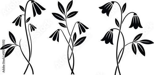 Elegant black floral silhouettes with curved stems, drooping bell shaped flowers, botanical decorative illustration design for graphic art