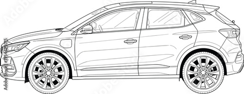 Line art drawing of a modern electric SUV crossover vehicle profile view for adult coloring book pages and automotive design