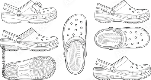 Line art collection of rubber clog shoes showing multiple angles including side profile top view and sole for coloring book pages