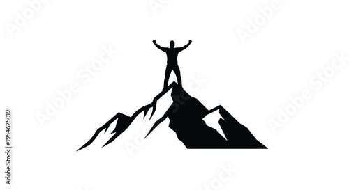 A solitary figure celebrates victory atop a rugged mountain silhouette