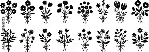 Elegant black floral bouquet collection, decorative flower arrangements, stylized botanical illustrations, ribbon tied blossoms for design projects