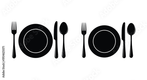 Two place settings with cutlery and plates displayed as a silhouette