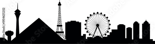 Las Vegas skyline silhouette with Eiffel Tower replica, pyramid, High Roller wheel, iconic landmarks, urban cityscape illustration isolated background