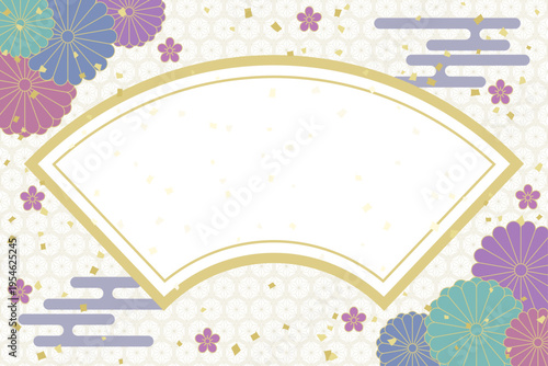上品なくすみカラーと金の和柄背景。菊と梅の花、霞、扇形のフレーム、麻の葉文様の和モダンデザイン／Elegant Japanese style background with gold chrysanthemum and fan frame in muted colors
