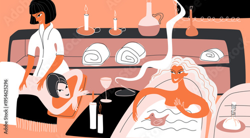 Friends came for relaxation with massage and incense. Vector illustration of a bachelorette party at a spa salon.