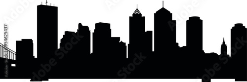 Urban city skyline silhouette with modern skyscrapers and bridge elements, abstract metropolitan architecture illustration isolated on white background design