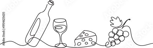 Continuous line of wine bottle and ingredients, wine glass, cheese, bunch of grapes. Hand drawn vector doodle art line. one line Icon drawing